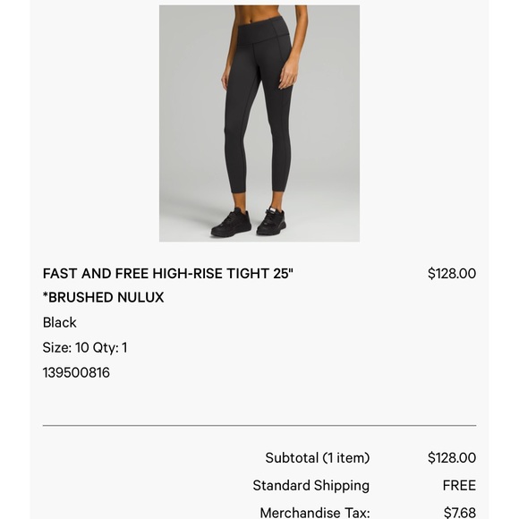 NWT Lululemon Fast and Free High Rise Tight 25”-Brushed Nulux, Black, size 10 - Picture 1 of 3